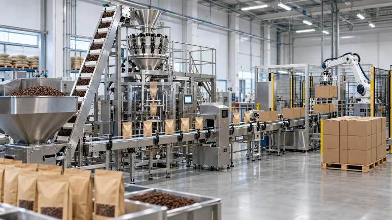 Integrated automated coffee bag packaging line with case packing and palletizing