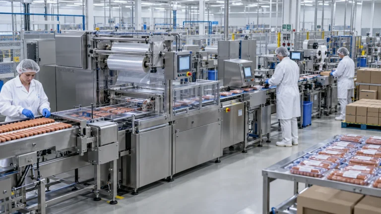 Integrated automatic sausage packaging line in a clean food factory