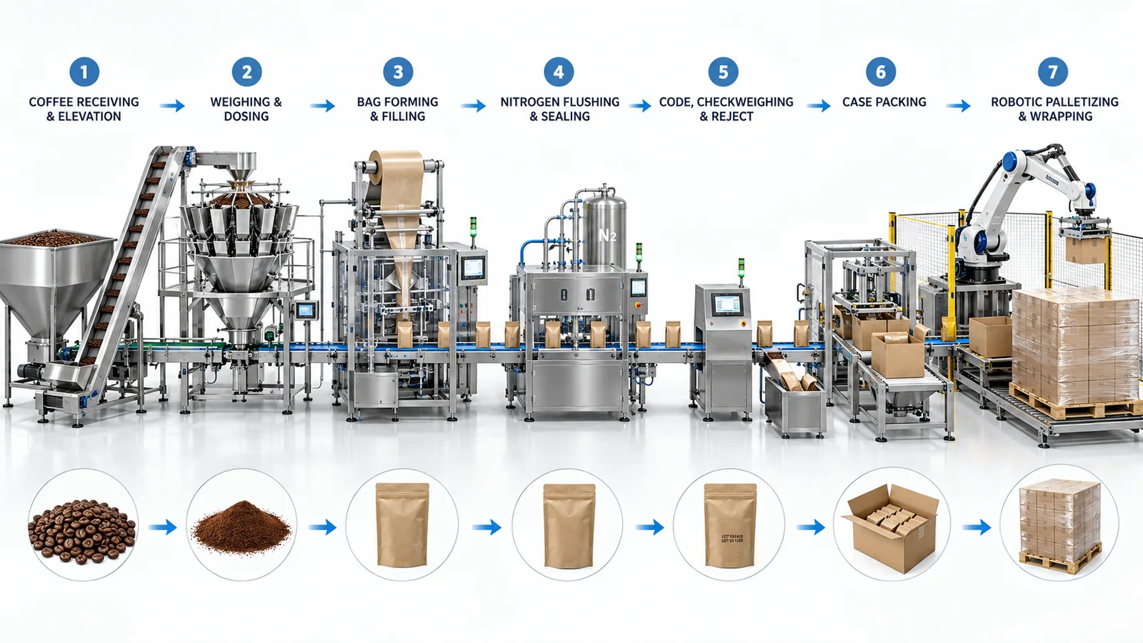 Automated coffee bag packaging line from dosing to palletizing