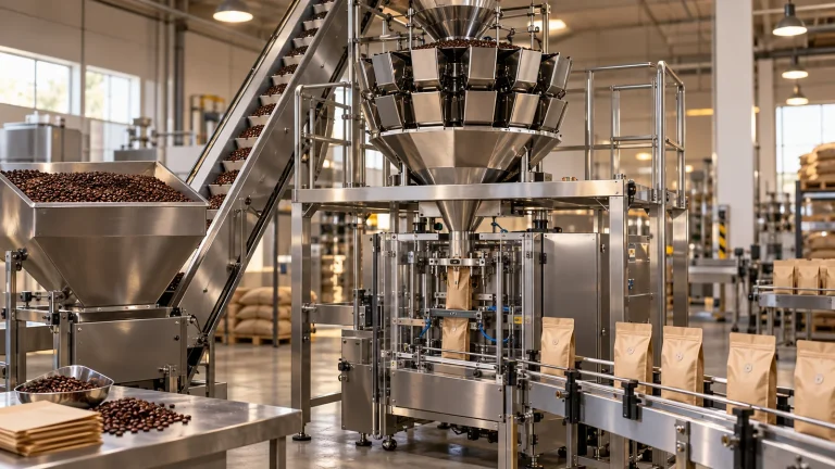 Whole coffee bean multihead weighing and premade pouch packaging line