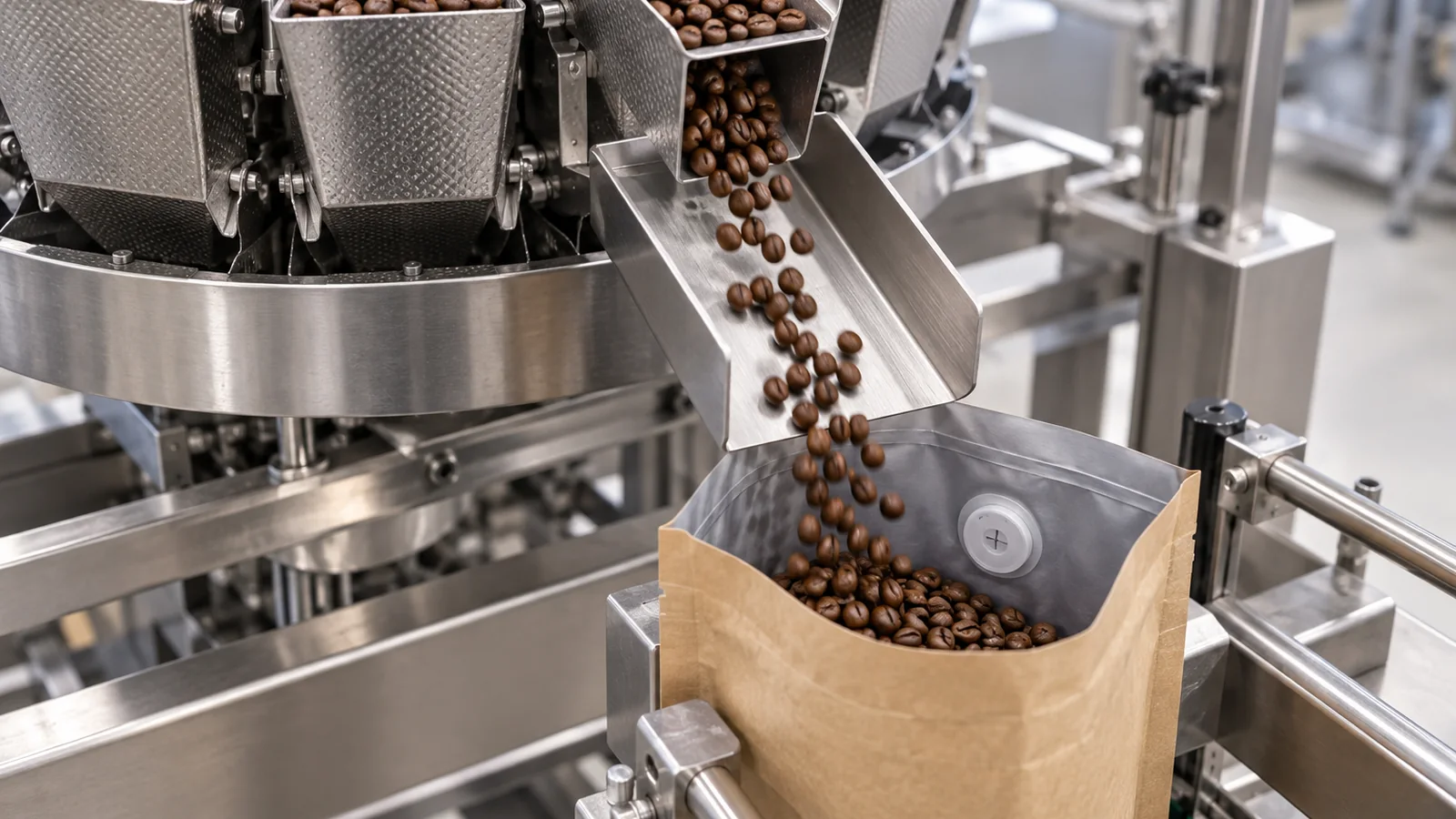 Multihead weigher gently filling whole coffee beans into a valve pouch