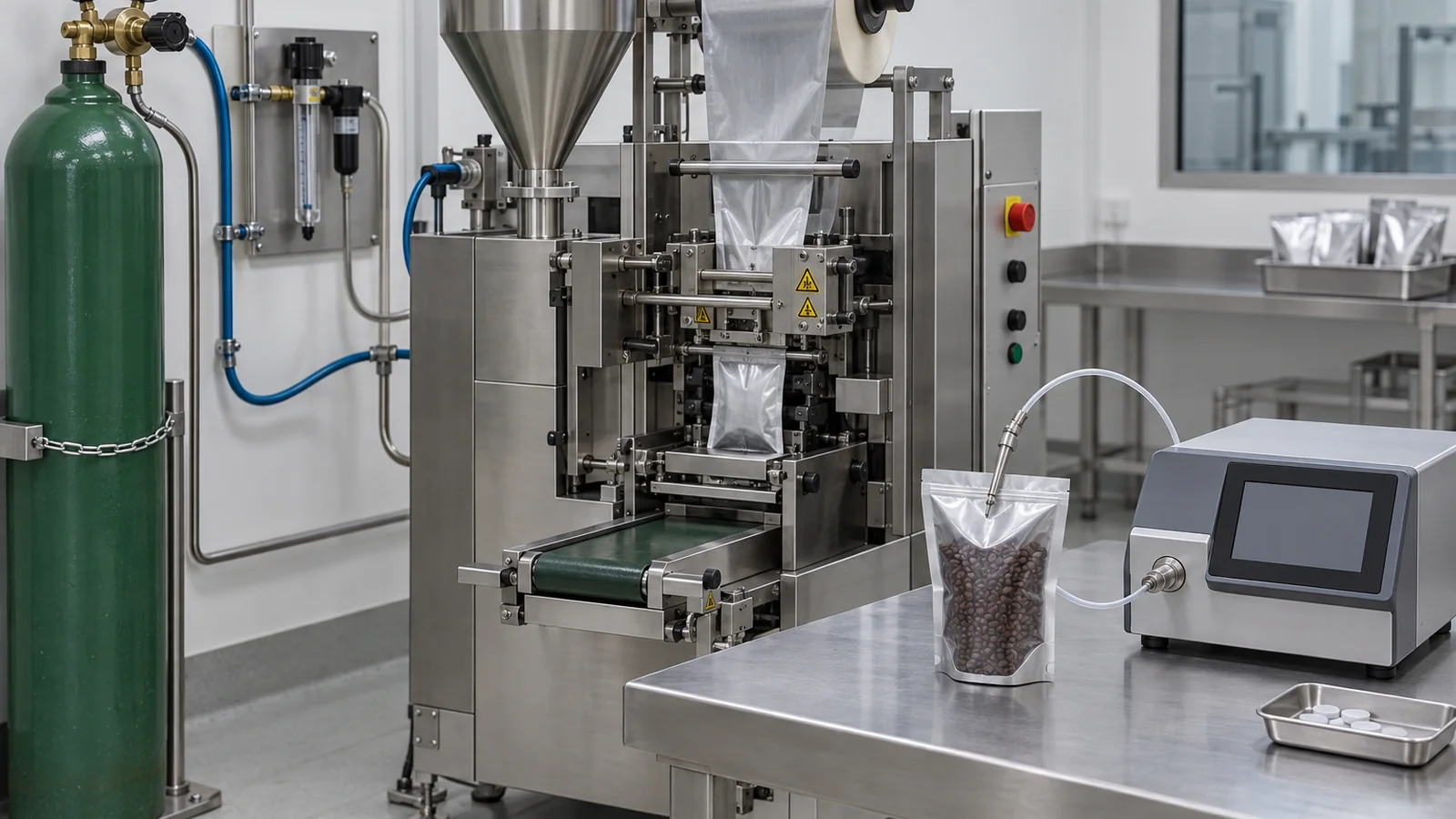 Coffee pouch nitrogen flushing system with finished-pack residual oxygen analyzer