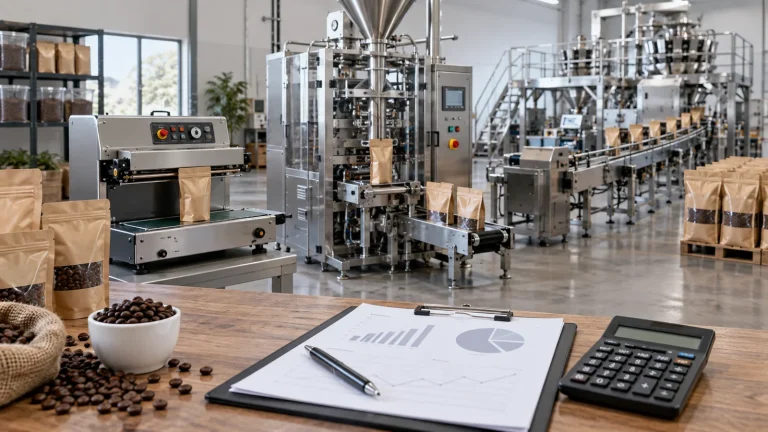 Coffee packaging machines and project budgeting materials in a factory