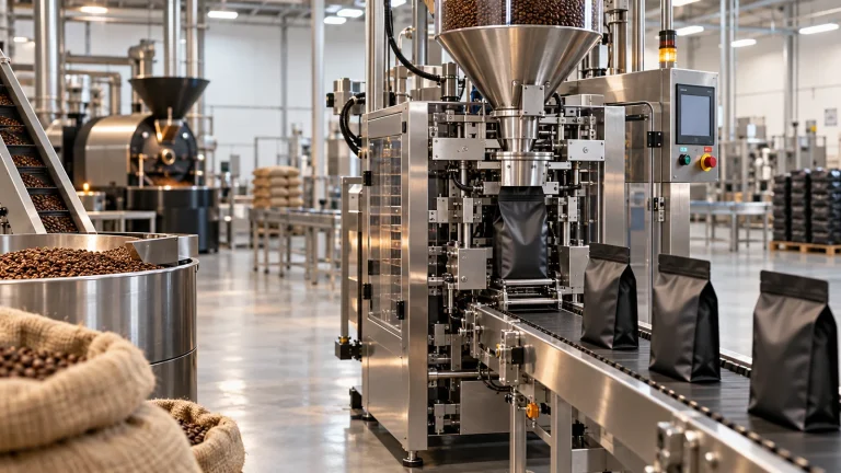 Automatic coffee packaging machine filling and sealing coffee bean pouches