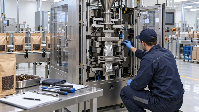 Technician performing preventive maintenance on a coffee packaging machine