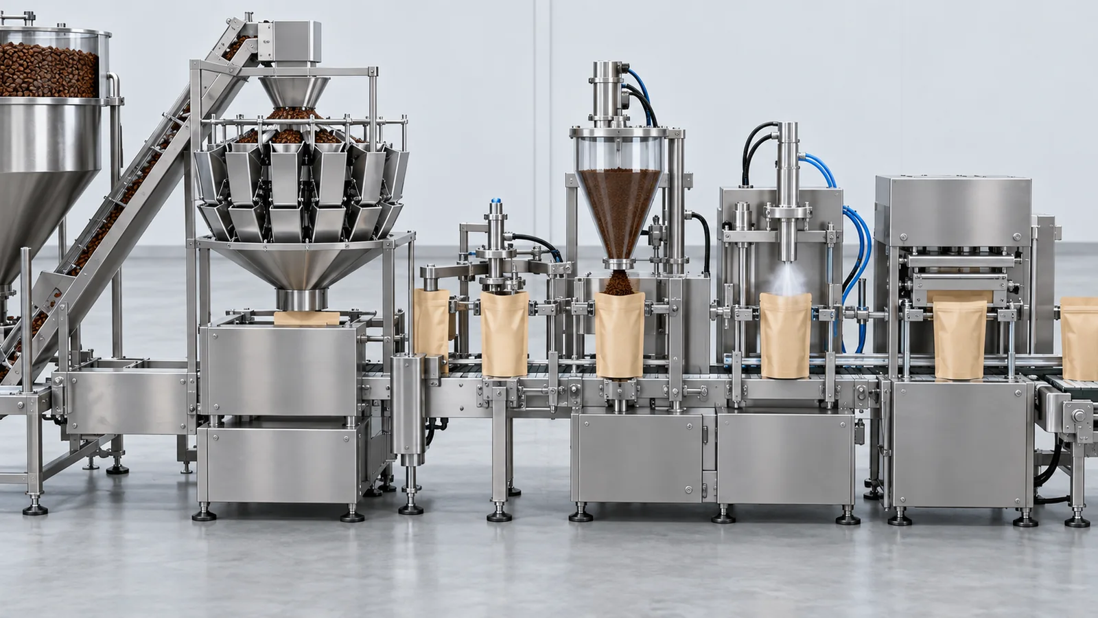 Coffee packaging process stations from product feeding and weighing to pouch sealing