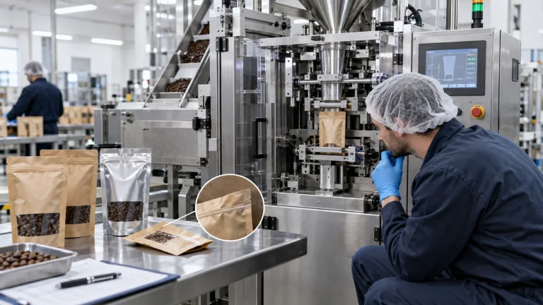 Technician troubleshooting a coffee pouch packaging machine and seal defect