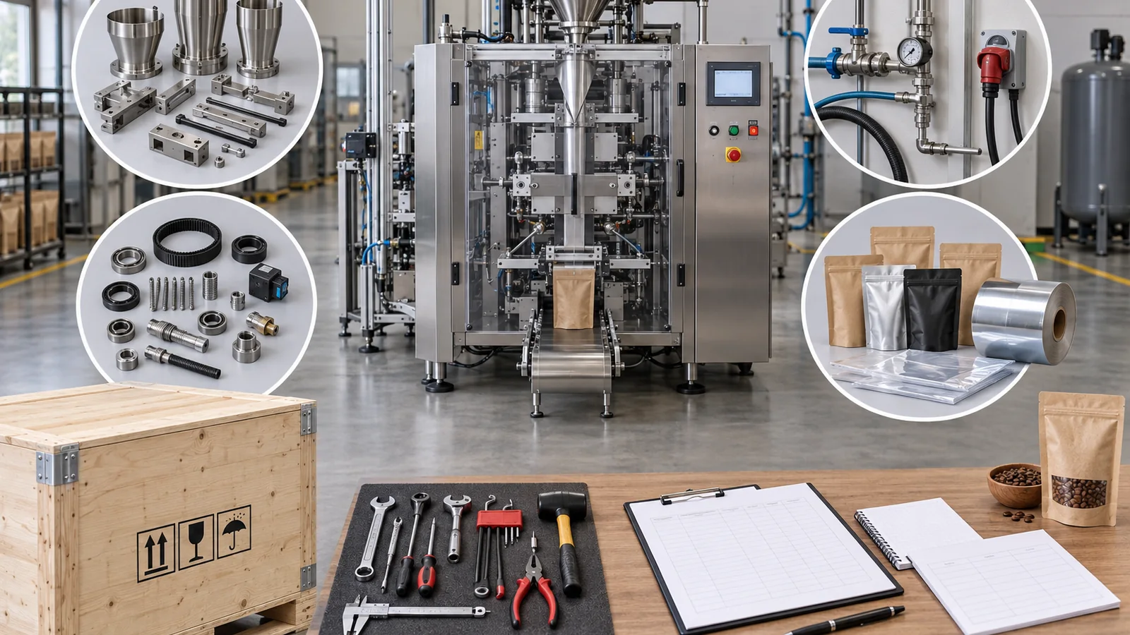 Coffee packaging machine with change parts utilities packaging materials and maintenance tools