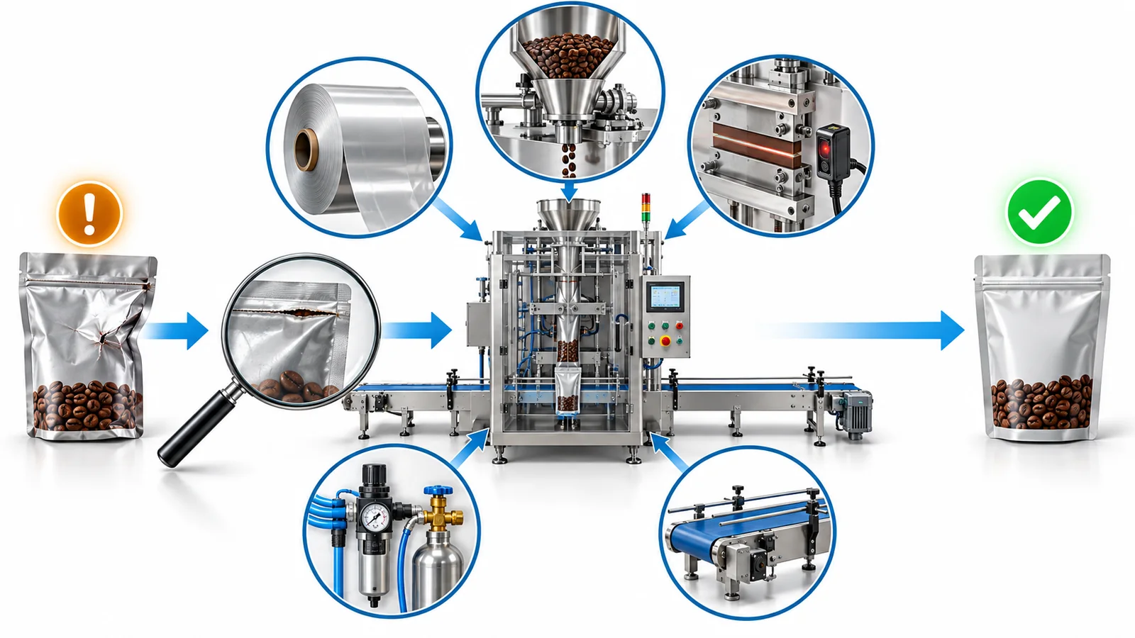 Coffee packaging machine troubleshooting path from defect to verified correction