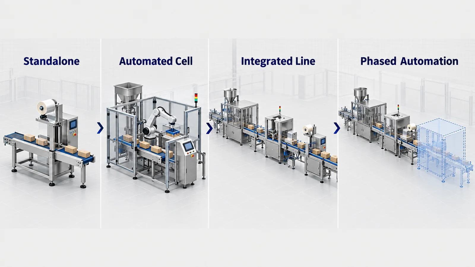 Conceptual comparison of standalone equipment automated cells integrated lines and phased food packaging automation
