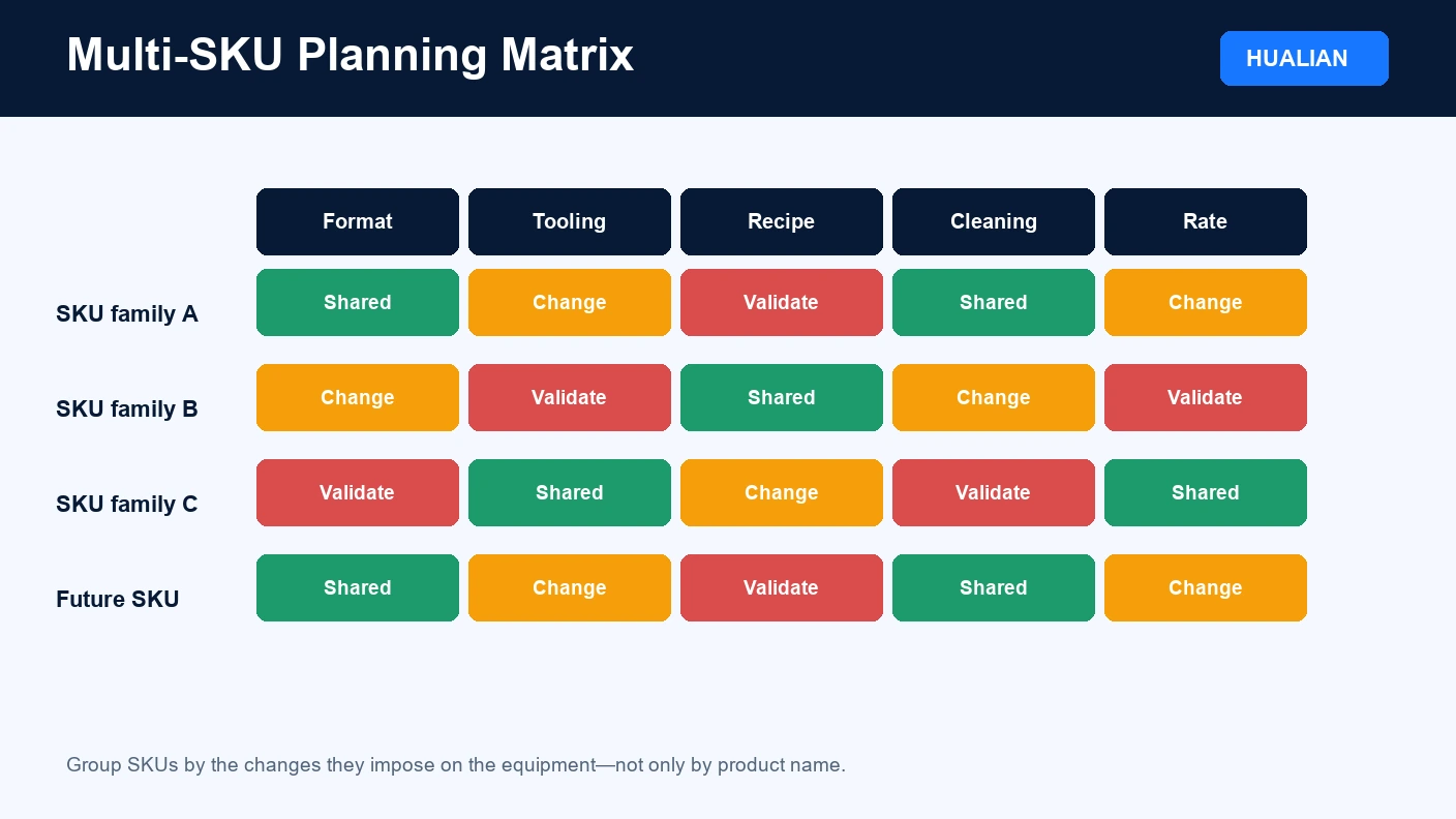 Multi-SKU food packaging equipment planning matrix
