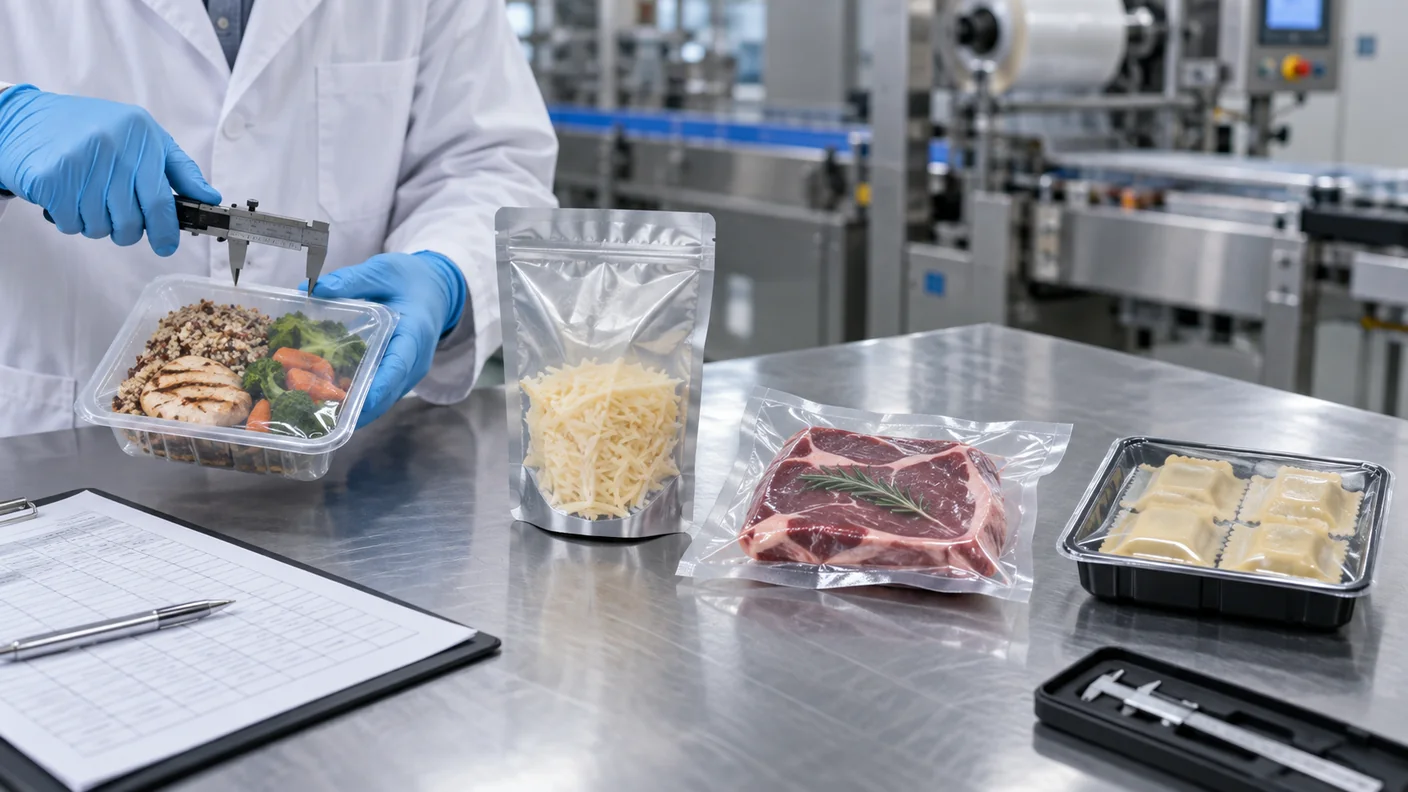Engineer comparing tray, pouch, vacuum and thermoformed food packages
