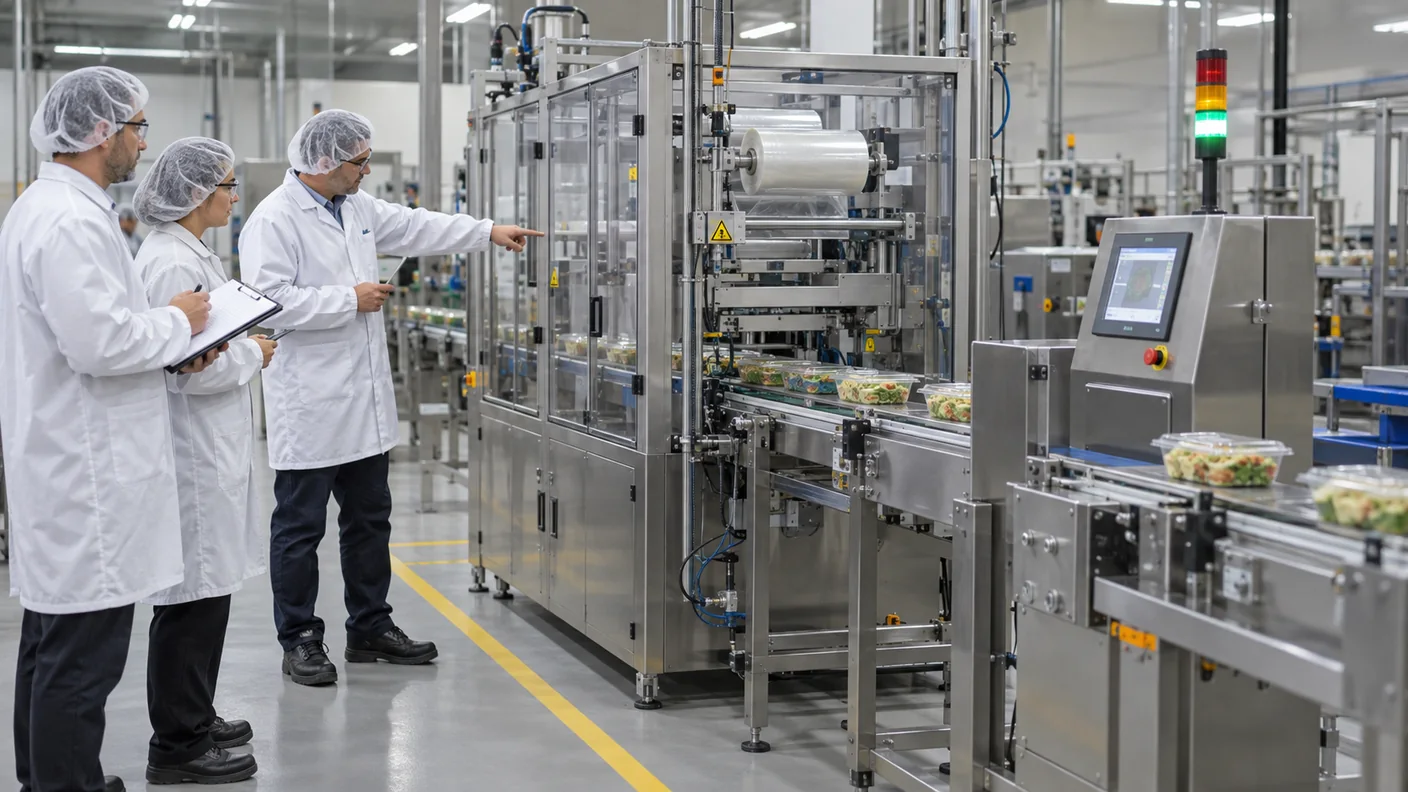Engineering team reviewing a food packaging line during an acceptance trial
