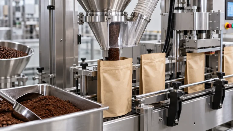 Ground coffee auger filling system with dust control and pouch sealing
