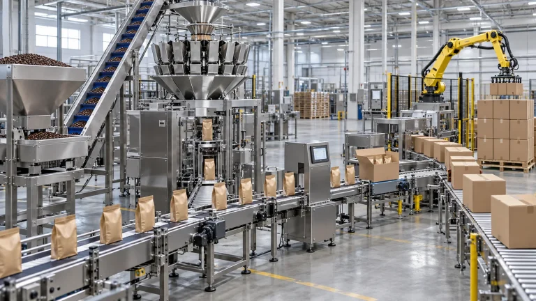 High-volume automated coffee packaging case packing and palletizing line