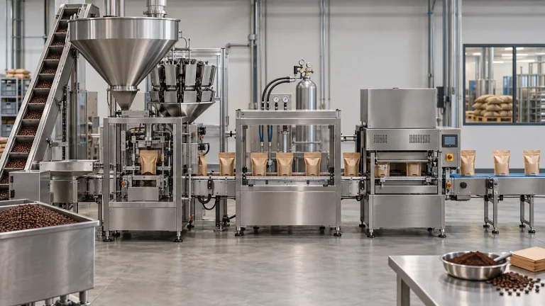 Industrial coffee packaging line with weighing filling nitrogen flushing sealing and discharge
