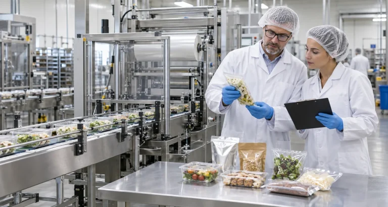 Food packaging equipment buyers reviewing package samples beside a production line