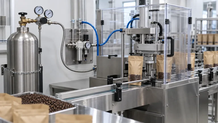 Regulated nitrogen supply connected to a coffee pouch sealing machine