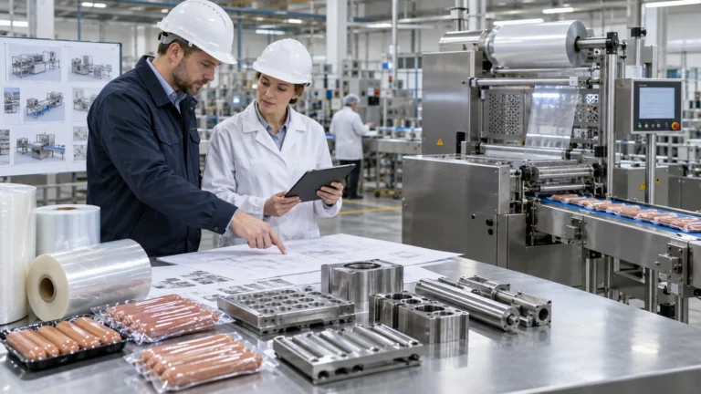 Engineers reviewing sausage packaging machine tooling and project scope