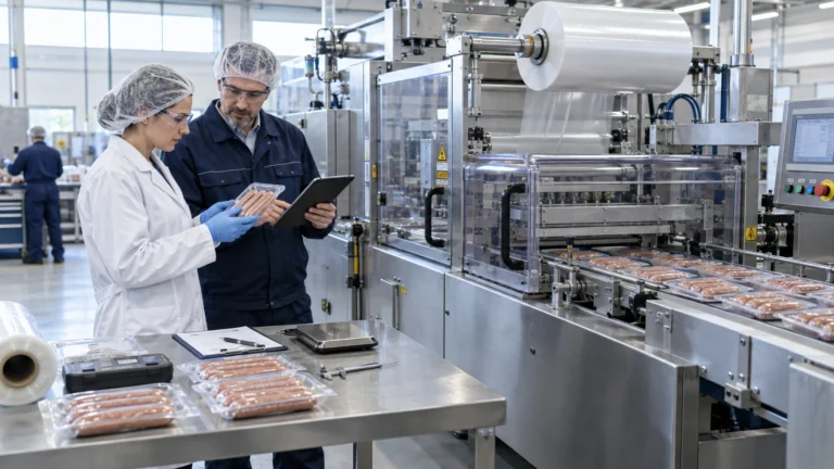 Engineers conducting a factory acceptance test on a sausage packaging machine