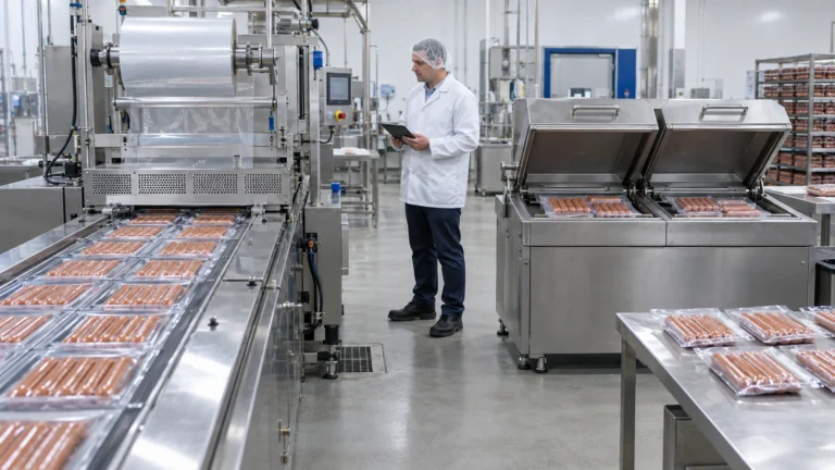 Thermoforming line and vacuum chamber machines for sausage packaging