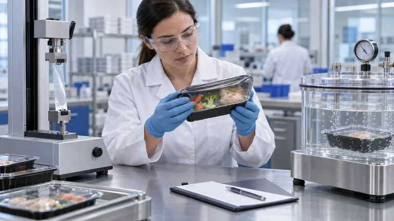 Quality technician inspecting a sealed tray beside package test equipment