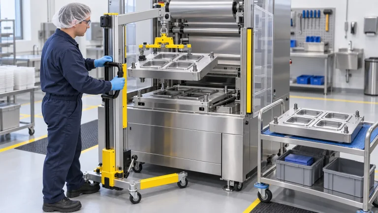 Technician using a lifting aid during a tray sealer tooling change
