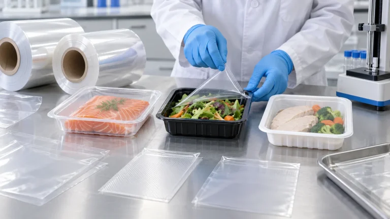 Technician comparing lidding films with sealed food trays
