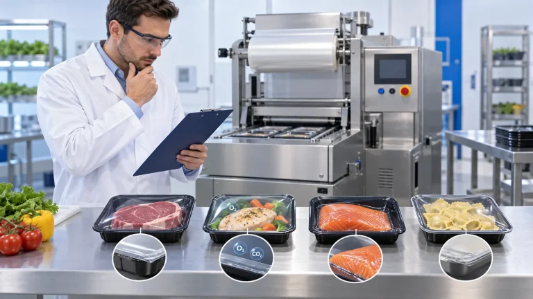 Packaging engineer evaluating a tray sealing machine and sealed tray formats