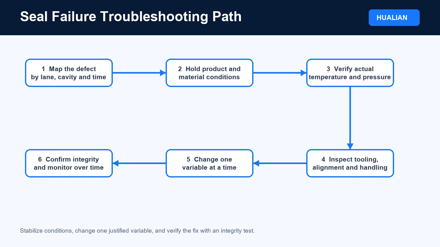 Food package seal troubleshooting sequence